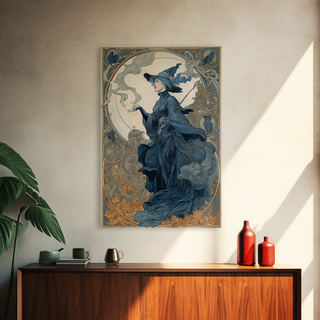 Art Nouveau Witchcraft, Symbolist Death Art, Vertical Wall Art, Dark Halloween Decor, Framed Canvas Print, Halloween Wall Art