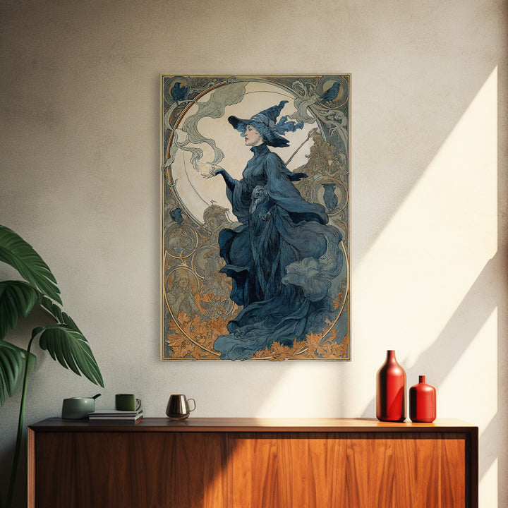 Art Nouveau Witchcraft, Symbolist Death Art, Vertical Wall Art, Dark Halloween Decor, Framed Canvas Print, Halloween Wall Art