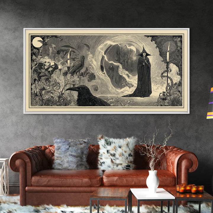 Art Nouveau Witchcraft, Expressionist Nightmare Art, Wide Panoramic Art, Dark Halloween Decor, Framed Canvas Print, Halloween Wall Art