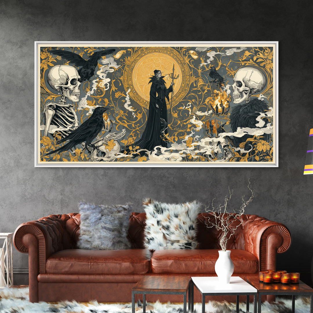 Art Nouveau Witchcraft, Macabre Folk Print Art, Wide Panoramic Art, Dark Fantasy Wall Art, Framed Canvas Print, Halloween Decor