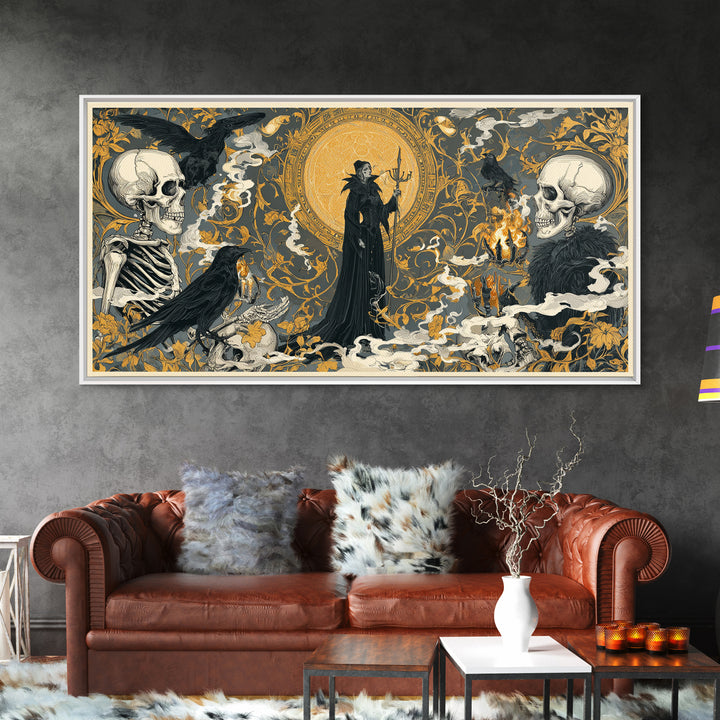 Art Nouveau Witchcraft, Macabre Folk Print Art, Wide Panoramic Art, Dark Fantasy Wall Art, Framed Canvas Print, Halloween Decor