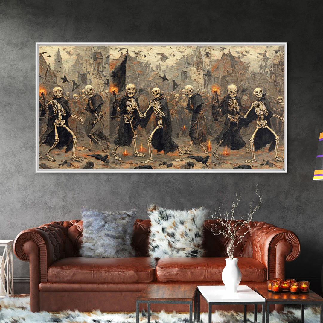 Medieval Danse Macabre, Northern Renaissance Horror, Wide Panoramic Art, Dark Fantasy Wall Art, Framed Canvas Print