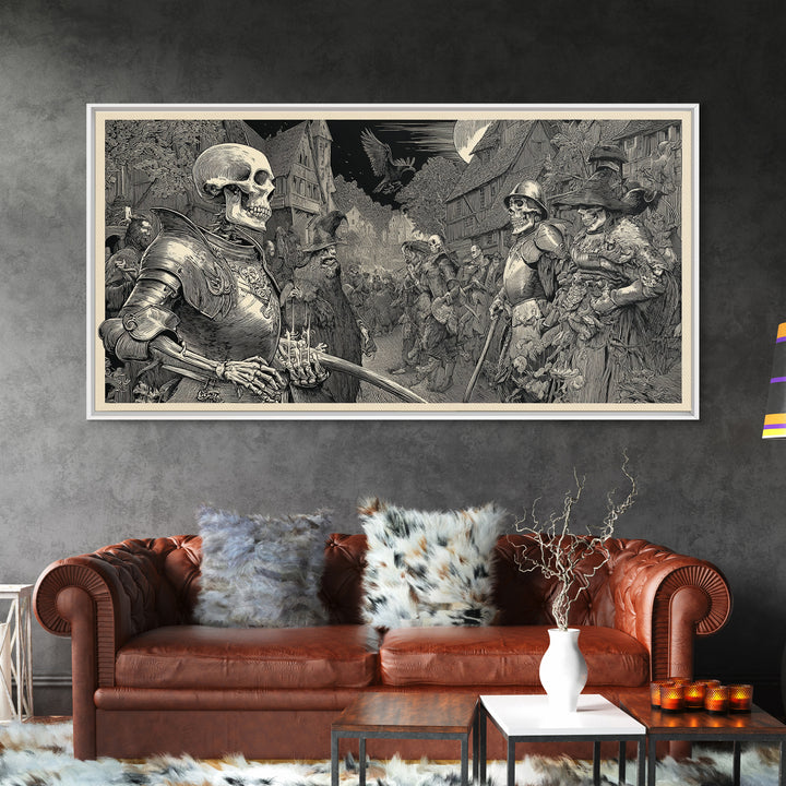 Medieval Danse Macabre, Renaissance Engraving Art, Wide Panoramic Art, Dark Fantasy Wall Art, Framed Canvas Print, Halloween Wall Art