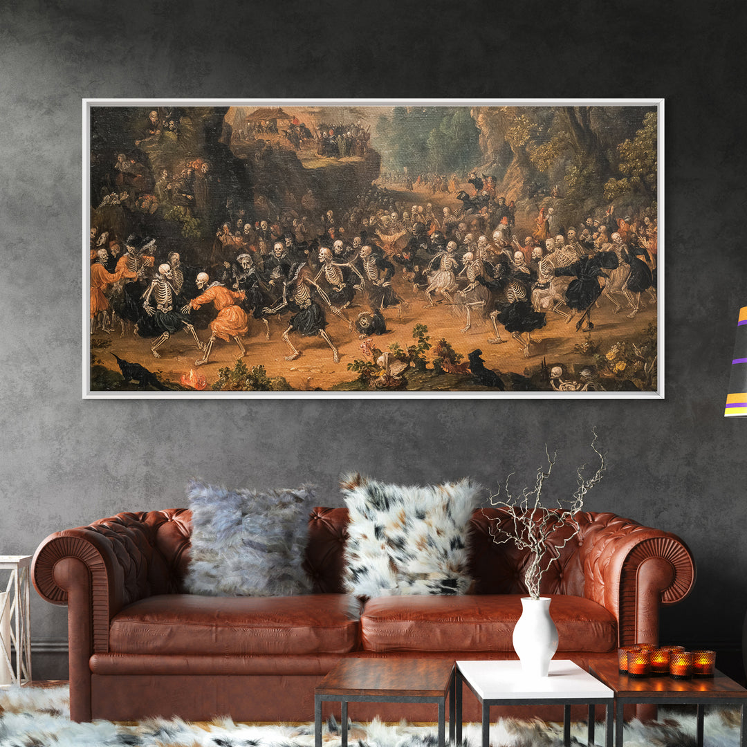 Medieval Danse Macabre, Baroque Witchcraft Art, Wide Panoramic Art, Dark Halloween Decor, Canvas Print, Halloween Wall Art