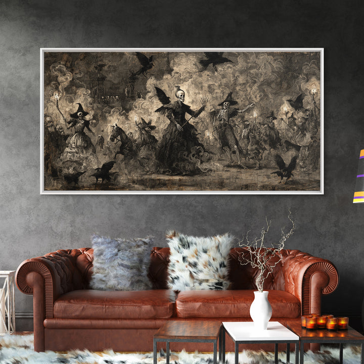Medieval Danse Macabre, Dark Romantic Horror Art, Wide Panoramic Art, Gothic Horror Wall Art, Framed Canvas Print, Halloween Wall Art
