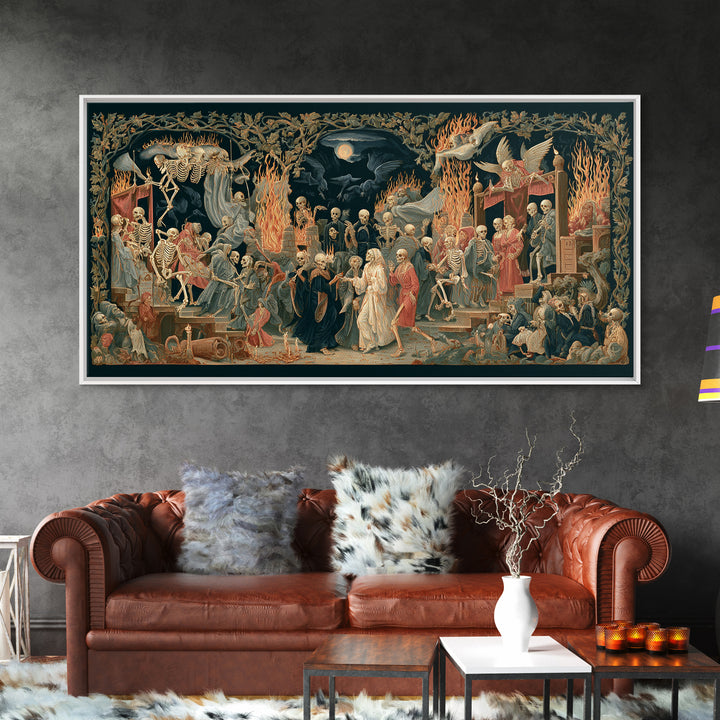 Medieval Danse Macabre, Visionary Gothic Art, Wide Panoramic Art, Dark Fantasy Wall Art, Framed Canvas Print, Halloween Wall Art
