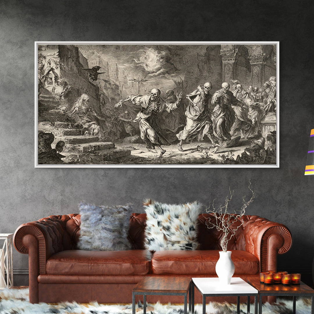 Medieval Danse Macabre, Architectural Etching Art, Wide Panoramic Art, Dark Halloween Decor, Framed Canvas Print