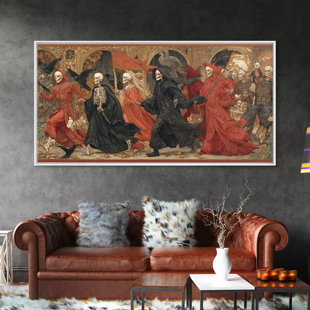 Medieval Danse Macabre, Ornate Symbolist Art, Wide Panoramic Art, Macabre Wall Art, Canvas Print, Halloween Wall Art