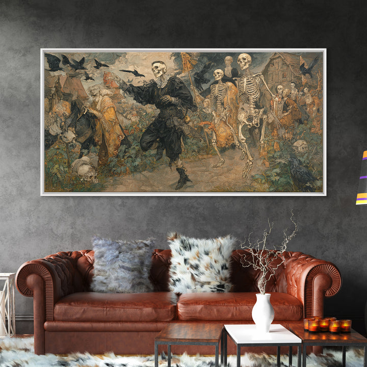 Medieval Danse Macabre, Decadent Gothic Art, Wide Panoramic Art, Macabre Wall Art, Framed Canvas Print, Halloween Wall Art