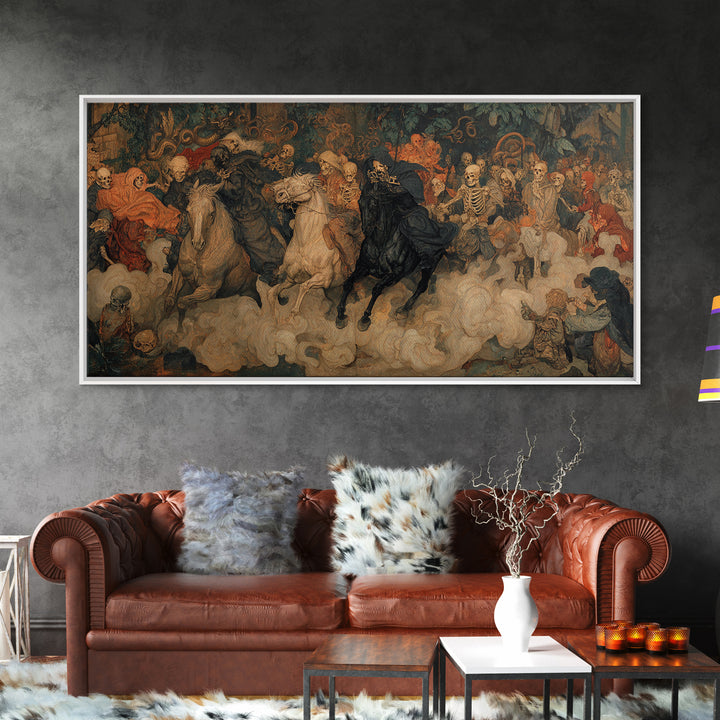 Medieval Danse Macabre, Dark Symbolist Art, Wide Panoramic Art, Dark Halloween Decor, Canvas Print, Halloween Wall Art
