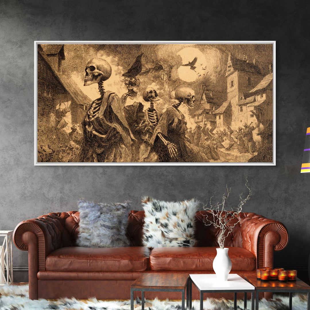 Medieval Danse Macabre, Expressionist Nightmare Art, Wide Panoramic Art, Dark Fantasy Wall Art, Framed Canvas Print, Halloween Wall Art