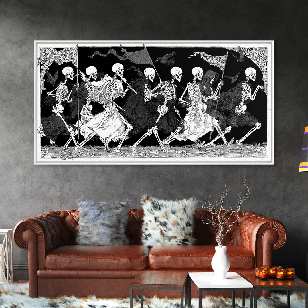 Medieval Danse Macabre, Decadent Line Art, Wide Panoramic Art, Dark Halloween Decor, Canvas Print, Halloween Wall Art