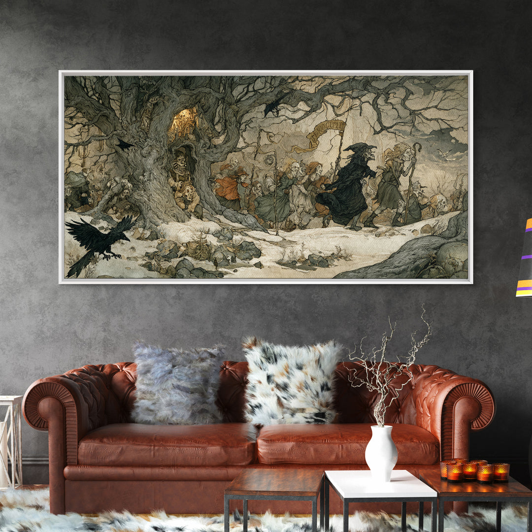 Medieval Danse Macabre, Gothic Storybook Art, Wide Panoramic Art, Dark Halloween Decor, Canvas Print, Halloween Wall Art