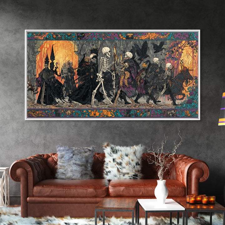 Medieval Danse Macabre, Stained Glass Gothic Art, Wide Panoramic Art, Gothic Horror Wall Art, Framed Canvas Print, Halloween Wall Art