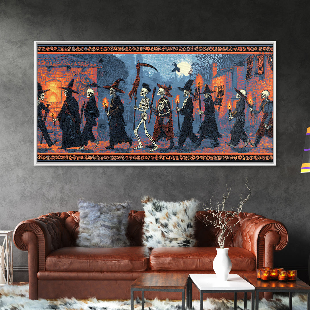 Medieval Danse Macabre, Macabre Folk Print Art, Wide Panoramic Art, Dark Fantasy Wall Art, Canvas Print, Halloween Wall Art