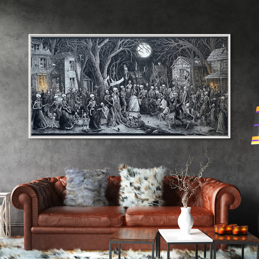 Medieval Danse Macabre, Victorian Macabre Art, Wide Panoramic Art, Gothic Horror Wall Art, Framed Canvas Print, Halloween Wall Art