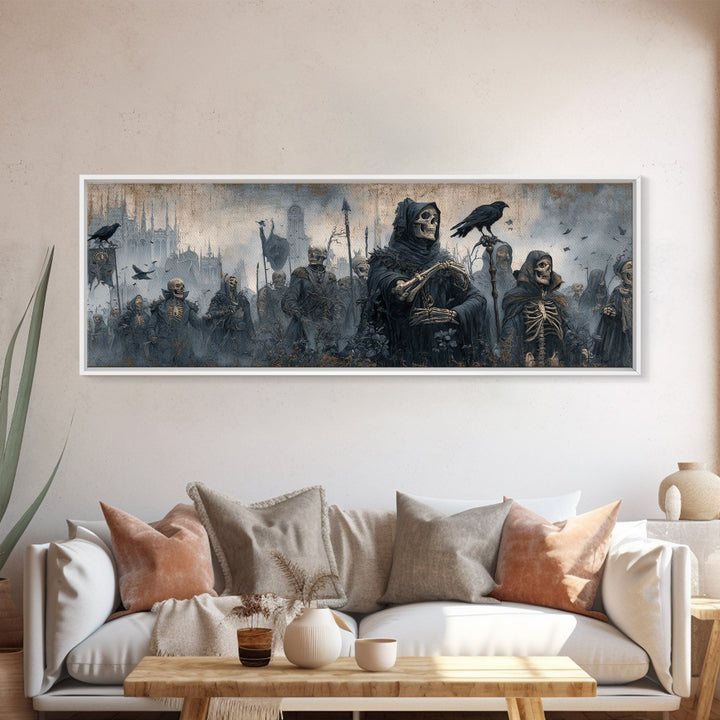 Medieval Danse Macabre, Surreal Apocalyptic Art, Extra Wide Wall Art, Dark Fantasy Wall Art, Framed Canvas Print, Halloween Wall Art