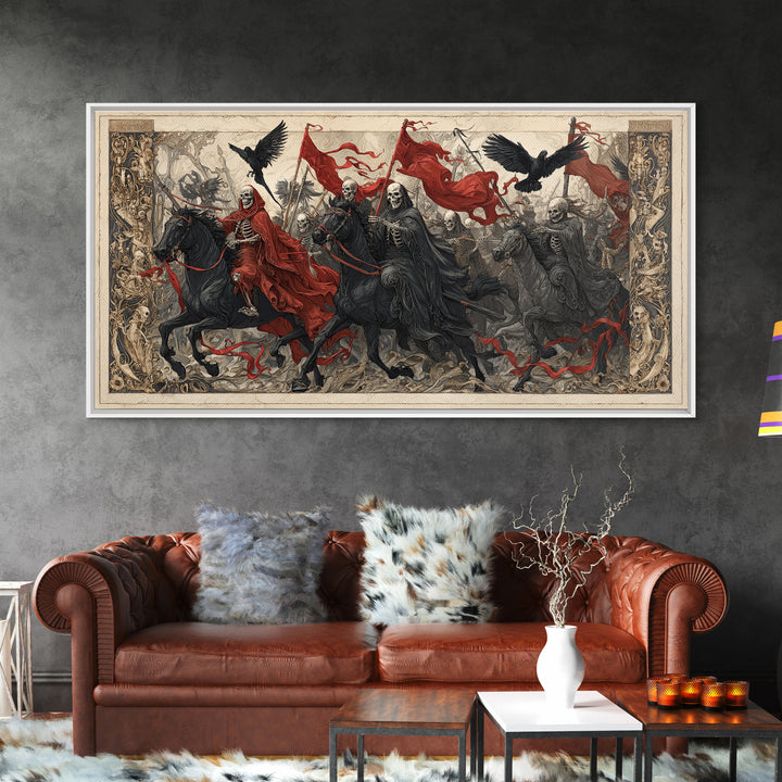 Medieval Danse Macabre, Biomechanical Horror Art, Wide Panoramic Art, Dark Halloween Decor, Canvas Print, Halloween Wall Art