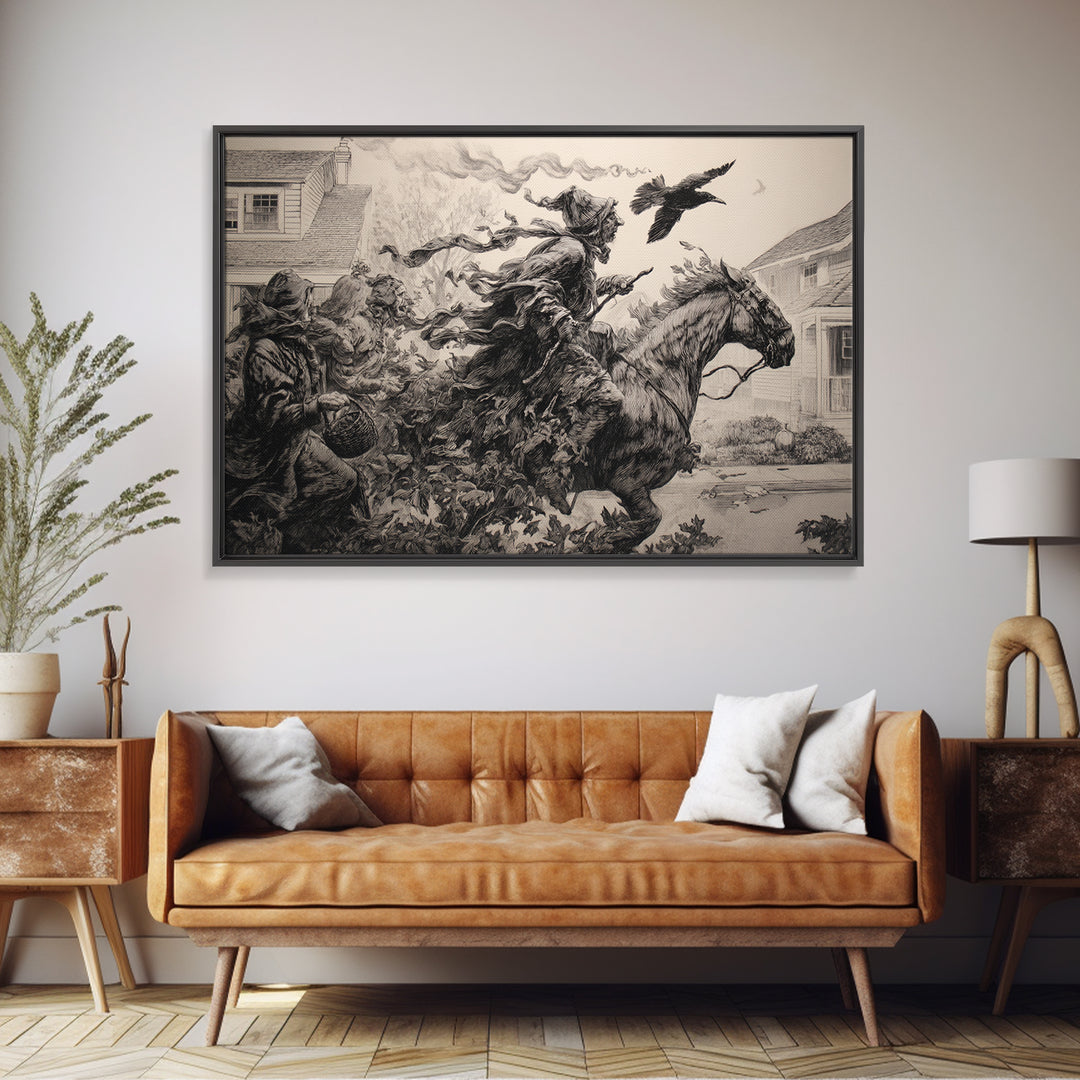 1950s Halloween Nostalgia, Renaissance Engraving Art, Landscape Wall Art, Dark Fantasy Wall Art, Canvas Print, Halloween Wall Art