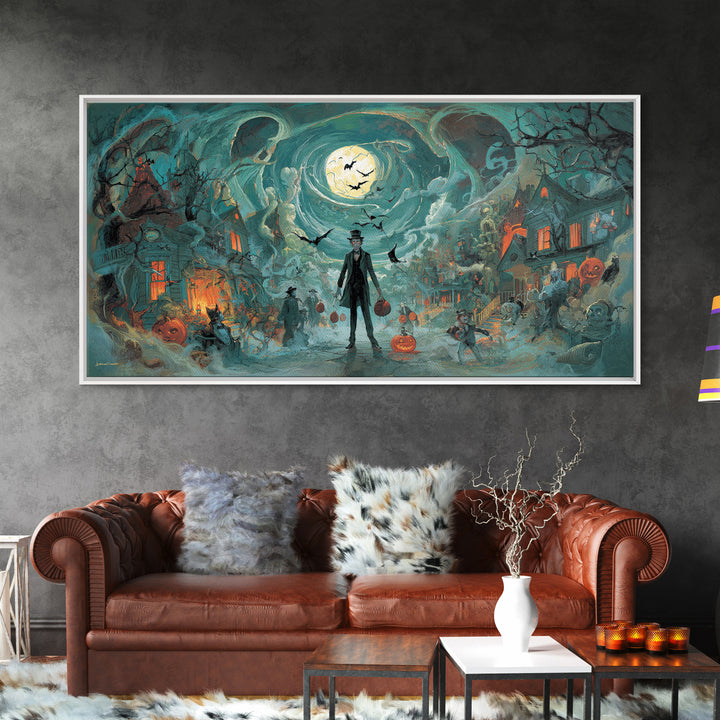 1950s Halloween Nostalgia, Apocalyptic Romantic Art, Wide Panoramic Art, Macabre Wall Art, Framed Canvas Print, Halloween Wall Art