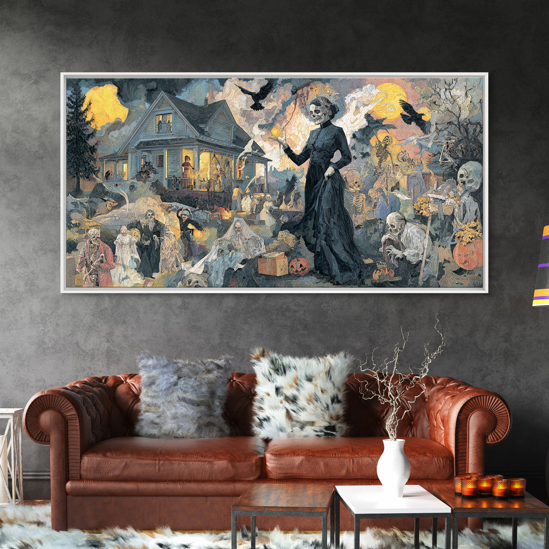 1950s Halloween Nostalgia, Grotesque Carnival Art, Wide Panoramic Art, Dark Halloween Decor, Framed Canvas Print, Halloween Wall Art