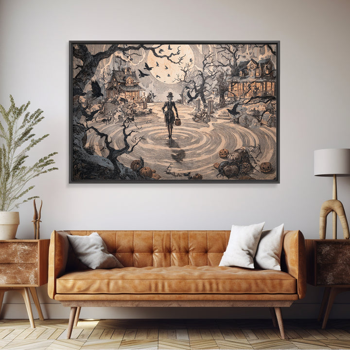 1950s Halloween Nostalgia, Gothic Storybook Art, Landscape Wall Art, Dark Halloween Decor, Canvas Print, Halloween Wall Art