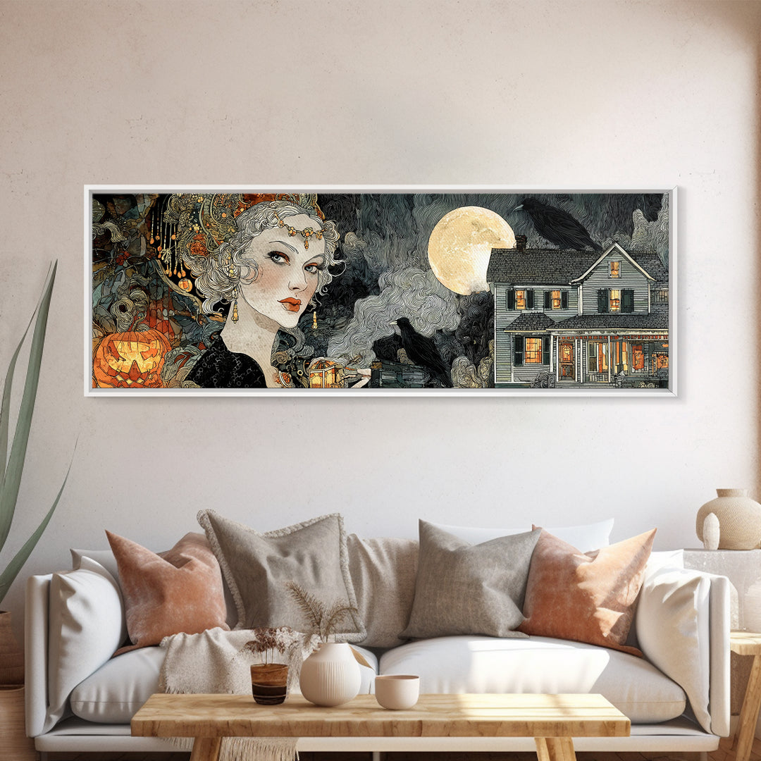 1950s Halloween Nostalgia, Stained Glass Gothic Art, Extra Wide Wall Art, Dark Halloween Decor, Canvas Print, Halloween Wall Art
