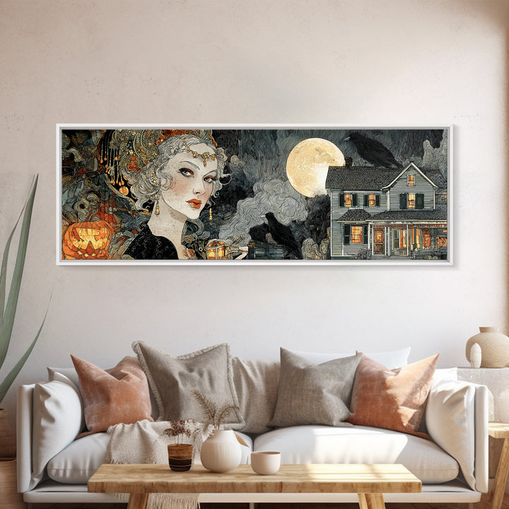 1950s Halloween Nostalgia, Stained Glass Gothic Art, Extra Wide Wall Art, Dark Halloween Decor, Canvas Print, Halloween Wall Art