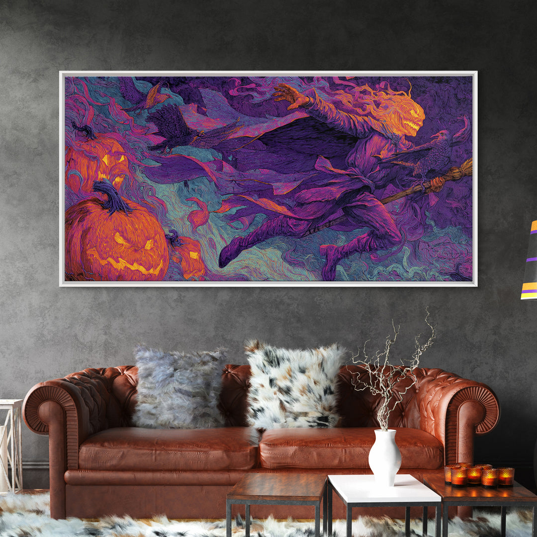 1980s Neon Horror, Visionary Gothic Art, Wide Panoramic Art, Dark Fantasy Wall Art, Canvas Print, Halloween Wall Art