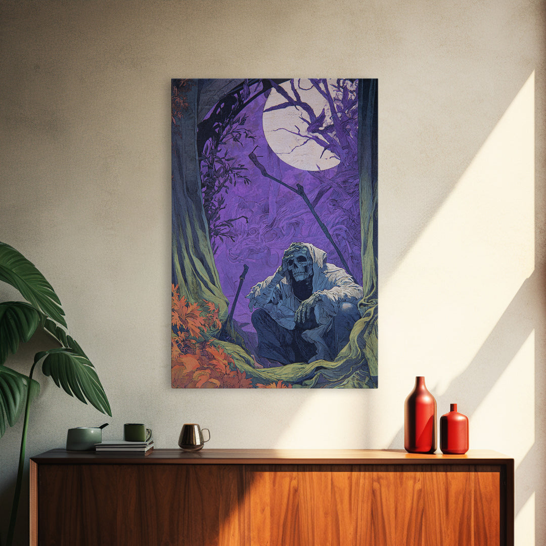 1980s Neon Horror, Symbolist Etching Art, Vertical Wall Art, Macabre Wall Art, Canvas Print, Halloween Wall Art, Gothic Home Decor
