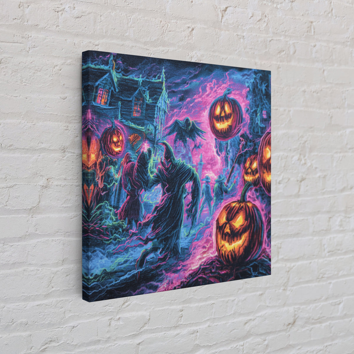1980s Neon Horror, Grotesque Carnival Art, Square Wall Art, Dark Fantasy Wall Art, Framed Canvas Print, Halloween Wall Art