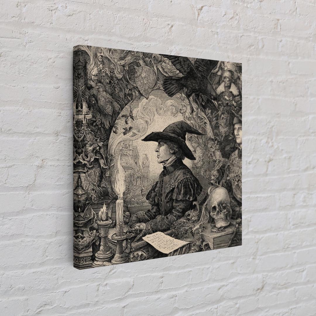 Dark Academia Halloween, Renaissance Engraving Art, Square Wall Art, Gothic Horror Wall Art, Canvas Print, Halloween Wall Art