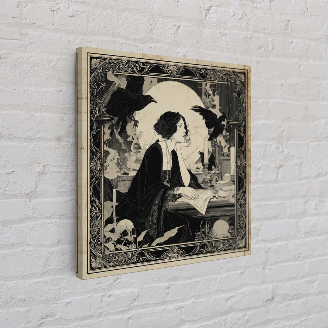 Dark Academia Halloween, Decadent Line Art, Square Wall Art, Dark Halloween Decor, Framed Canvas Print, Halloween Wall Art