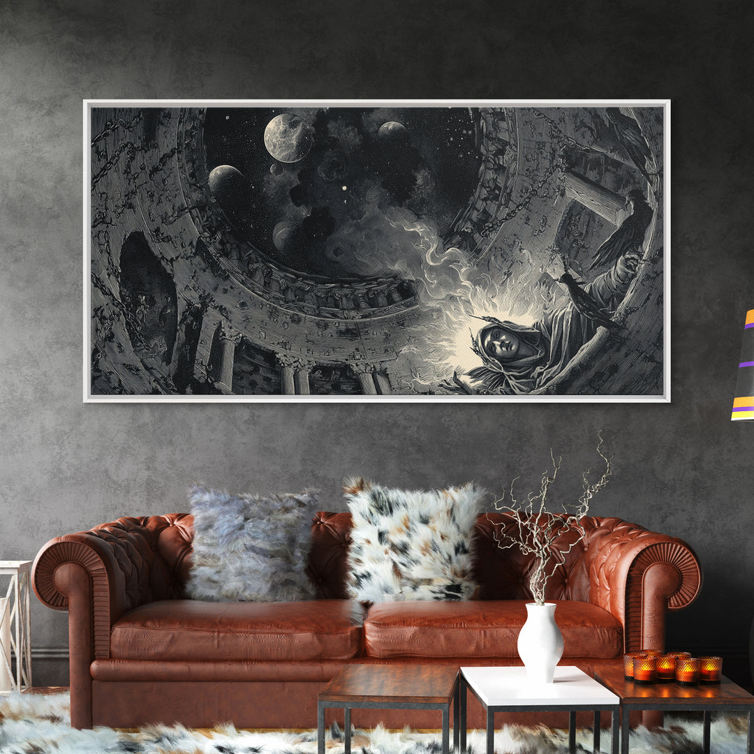 Celestial Witchcraft, Architectural Etching Art, Wide Panoramic Art, Gothic Horror Wall Art, Framed Canvas Print