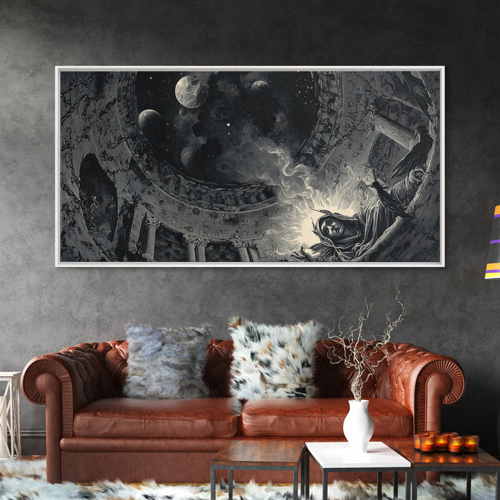 Celestial Witchcraft, Architectural Etching Art, Wide Panoramic Art, Gothic Horror Wall Art, Framed Canvas Print