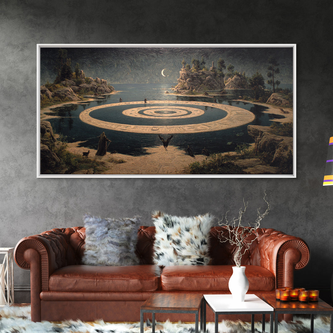 Celestial Witchcraft, Symbolist Gothic Landscape, Wide Panoramic Art, Dark Halloween Decor, Framed Canvas Print, Halloween Wall Art