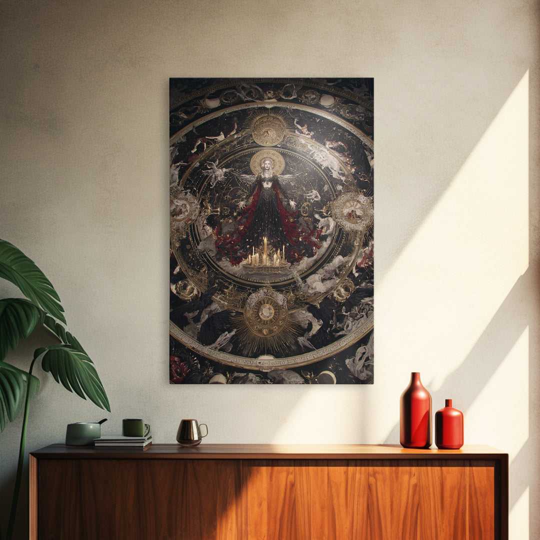Celestial Witchcraft, Ornate Symbolist Art, Vertical Wall Art, Dark Fantasy Wall Art, Framed Canvas Print, Halloween Wall Art