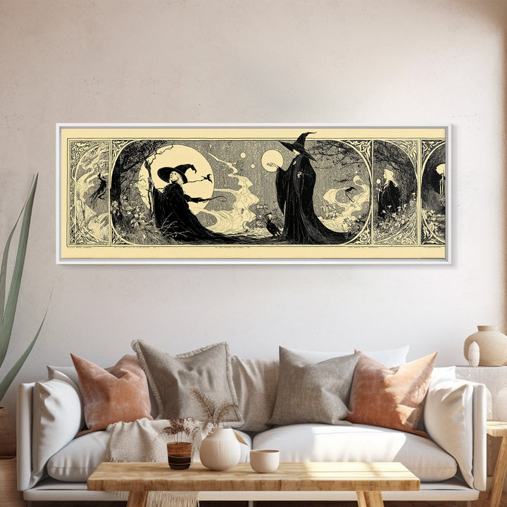 Celestial Witchcraft, Decadent Line Art, Extra Wide Wall Art, Macabre Wall Art, Framed Canvas Print, Halloween Wall Art