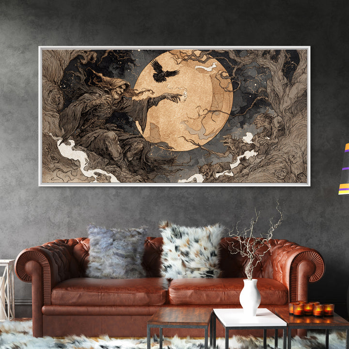Celestial Witchcraft, Gothic Storybook Art, Wide Panoramic Art, Dark Halloween Decor, Canvas Print, Halloween Wall Art