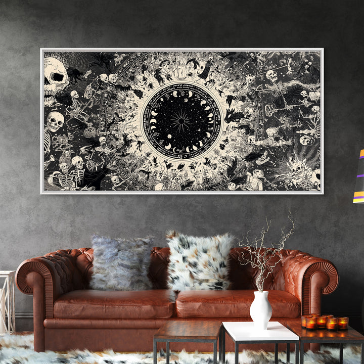 Celestial Witchcraft, Macabre Folk Print Art, Wide Panoramic Art, Dark Halloween Decor, Framed Canvas Print, Halloween Wall Art