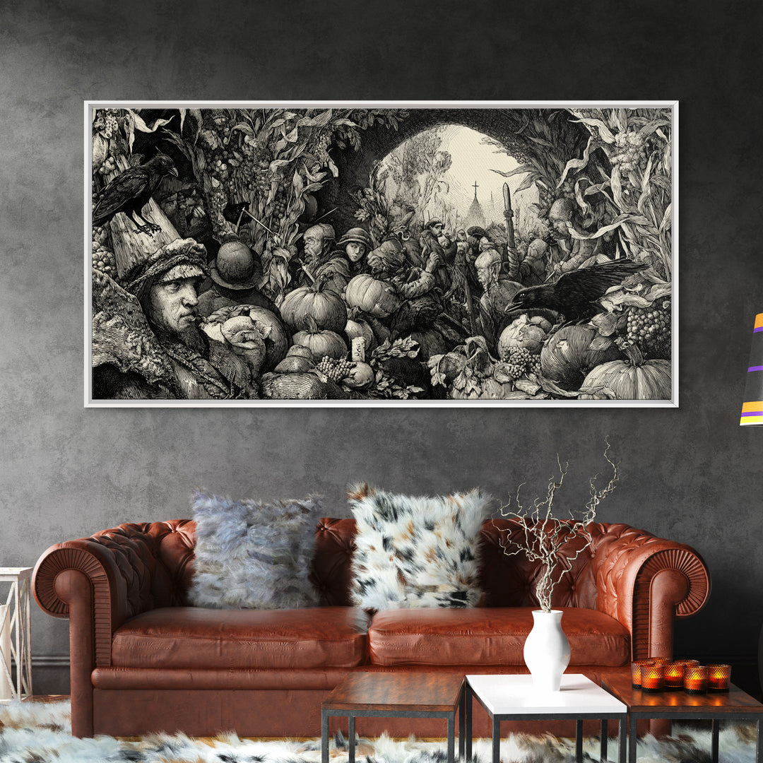 Occult Harvest Festival, Renaissance Engraving Art, Wide Panoramic Art, Gothic Horror Wall Art, Framed Canvas Print, Halloween Wall Art