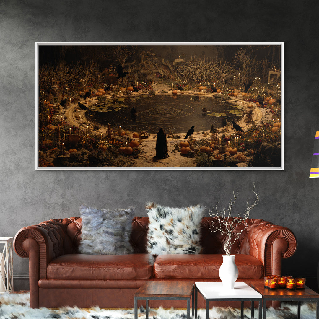 Occult Harvest Festival, Symbolist Gothic Landscape, Wide Panoramic Art, Dark Fantasy Wall Art, Framed Canvas Print, Halloween Wall Art