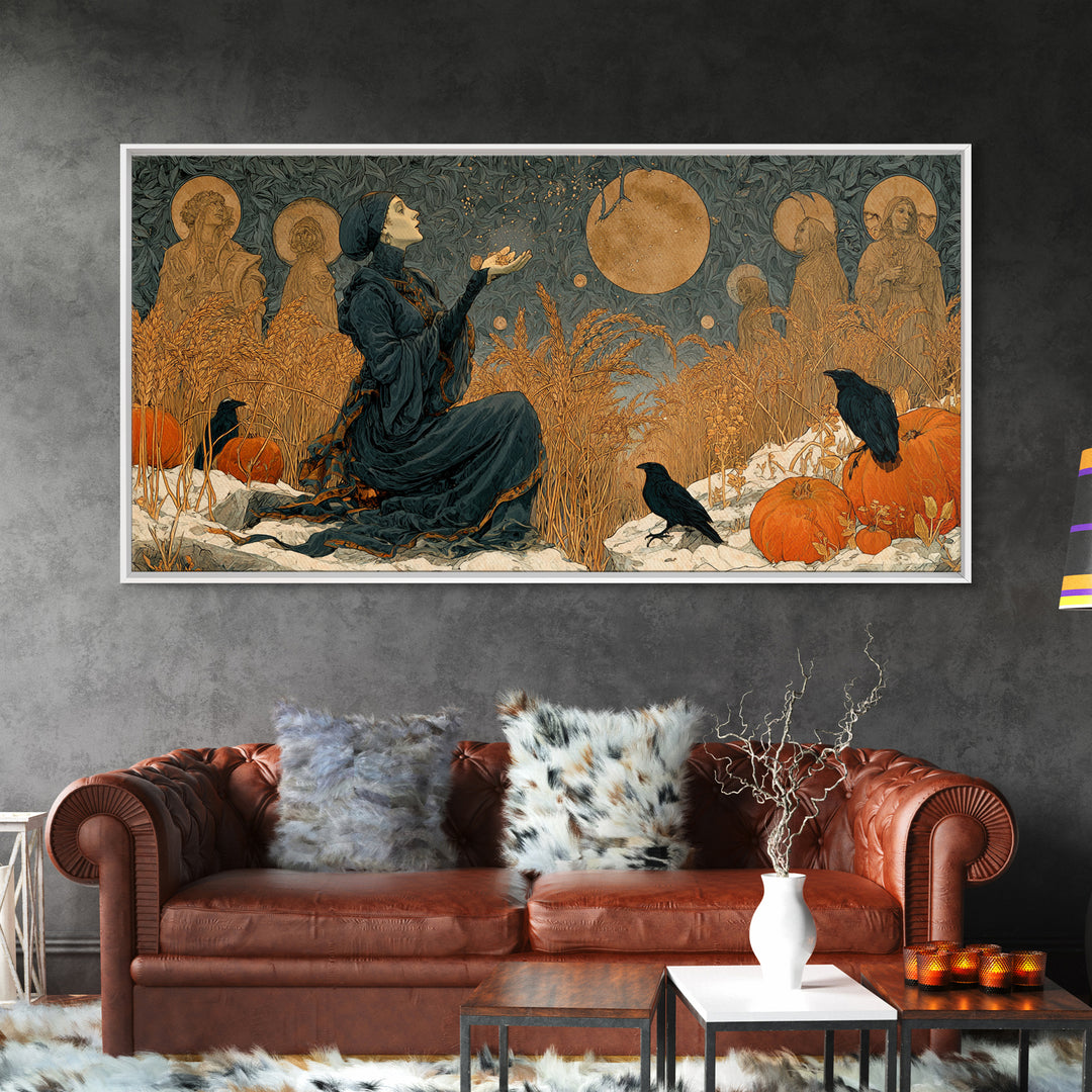 Occult Harvest Festival, Symbolist Death Art, Wide Panoramic Art, Dark Halloween Decor, Framed Canvas Print, Halloween Wall Art