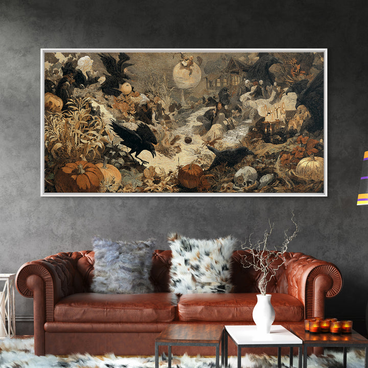 Occult Harvest Festival, Symbolist Etching Art, Wide Panoramic Art, Macabre Wall Art, Framed Canvas Print, Halloween Wall Art