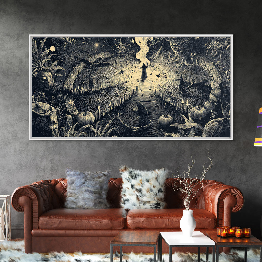 Occult Harvest Festival, Expressionist Nightmare Art, Wide Panoramic Art, Dark Halloween Decor, Canvas Print, Halloween Wall Art