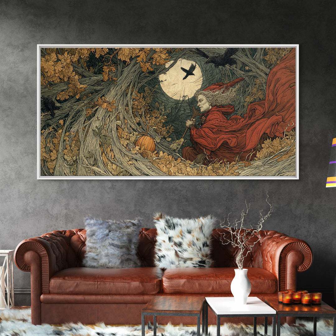 Occult Harvest Festival, Gothic Storybook Art, Wide Panoramic Art, Dark Halloween Decor, Canvas Print, Halloween Wall Art