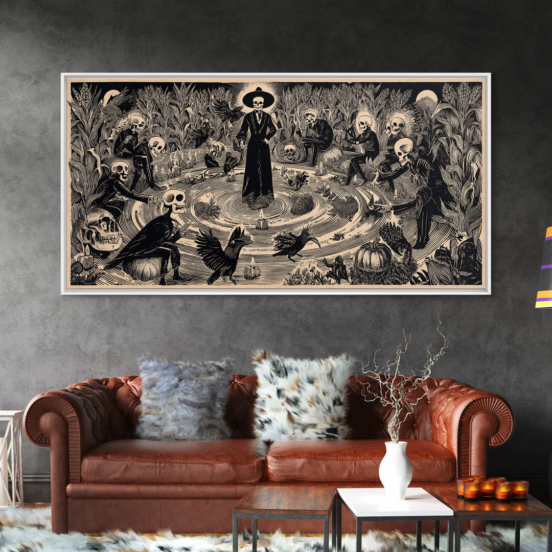 Occult Harvest Festival, Macabre Folk Print Art, Wide Panoramic Art, Macabre Wall Art, Framed Canvas Print, Halloween Wall Art