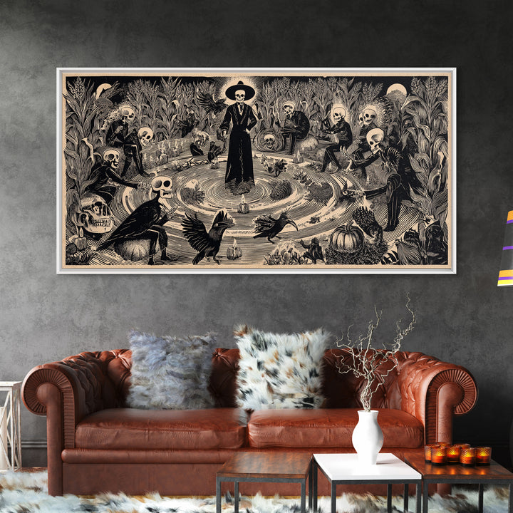 Occult Harvest Festival, Macabre Folk Print Art, Wide Panoramic Art, Macabre Wall Art, Framed Canvas Print, Halloween Wall Art
