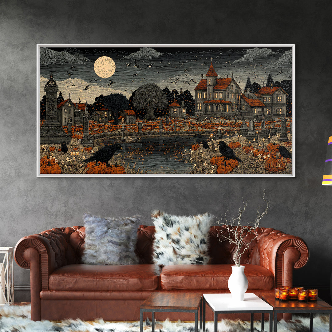 Occult Harvest Festival, Victorian Macabre Art, Wide Panoramic Art, Macabre Wall Art, Framed Canvas Print, Halloween Wall Art