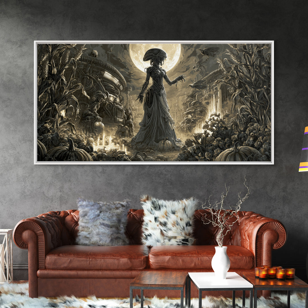 Occult Harvest Festival, Biomechanical Horror Art, Wide Panoramic Art, Gothic Horror Wall Art, Framed Canvas Print, Halloween Wall Art